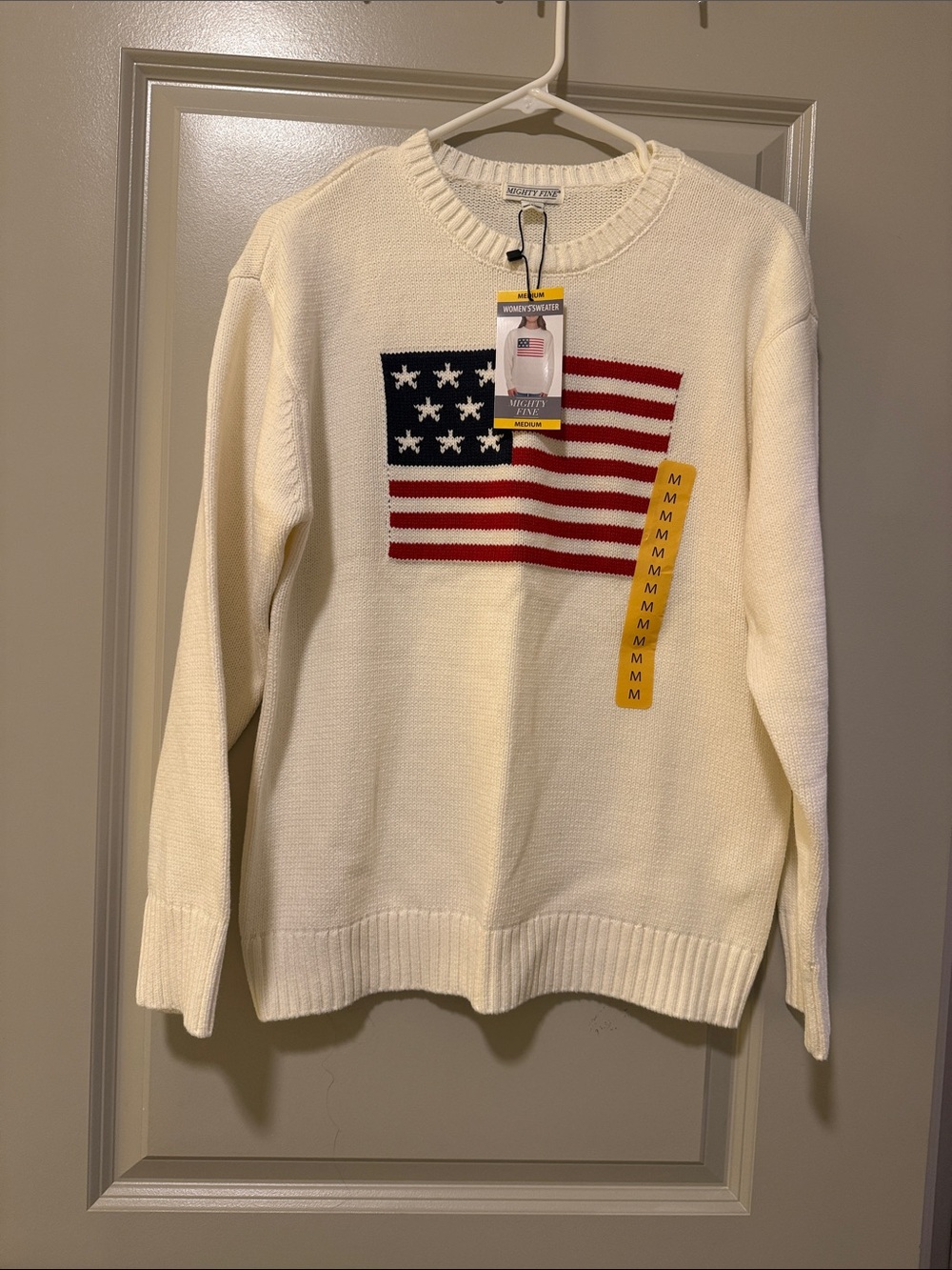Mighty Fine Cream Crewneck Sweater with Red & Blue Flag Motif